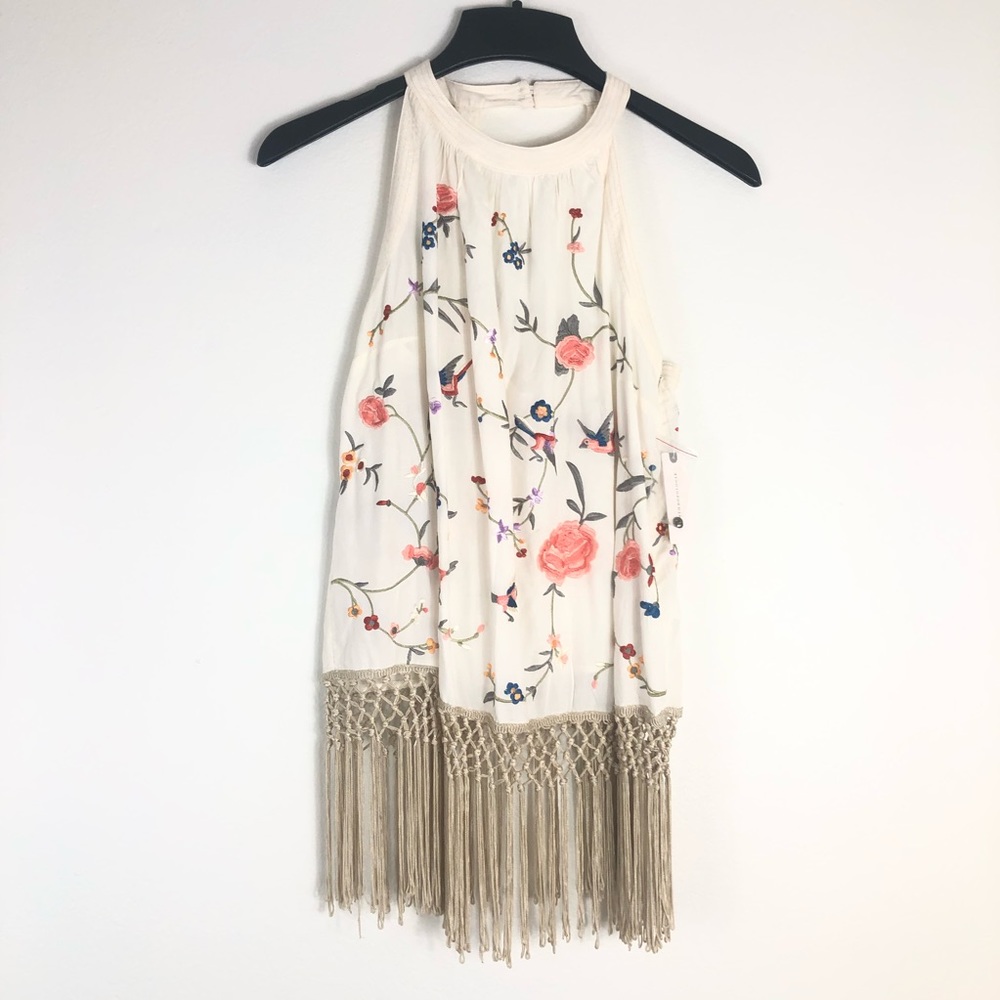 Anthropologie Gatsby 4 Fringe Embroidered Tank Top Floral Bird Open Back Cream